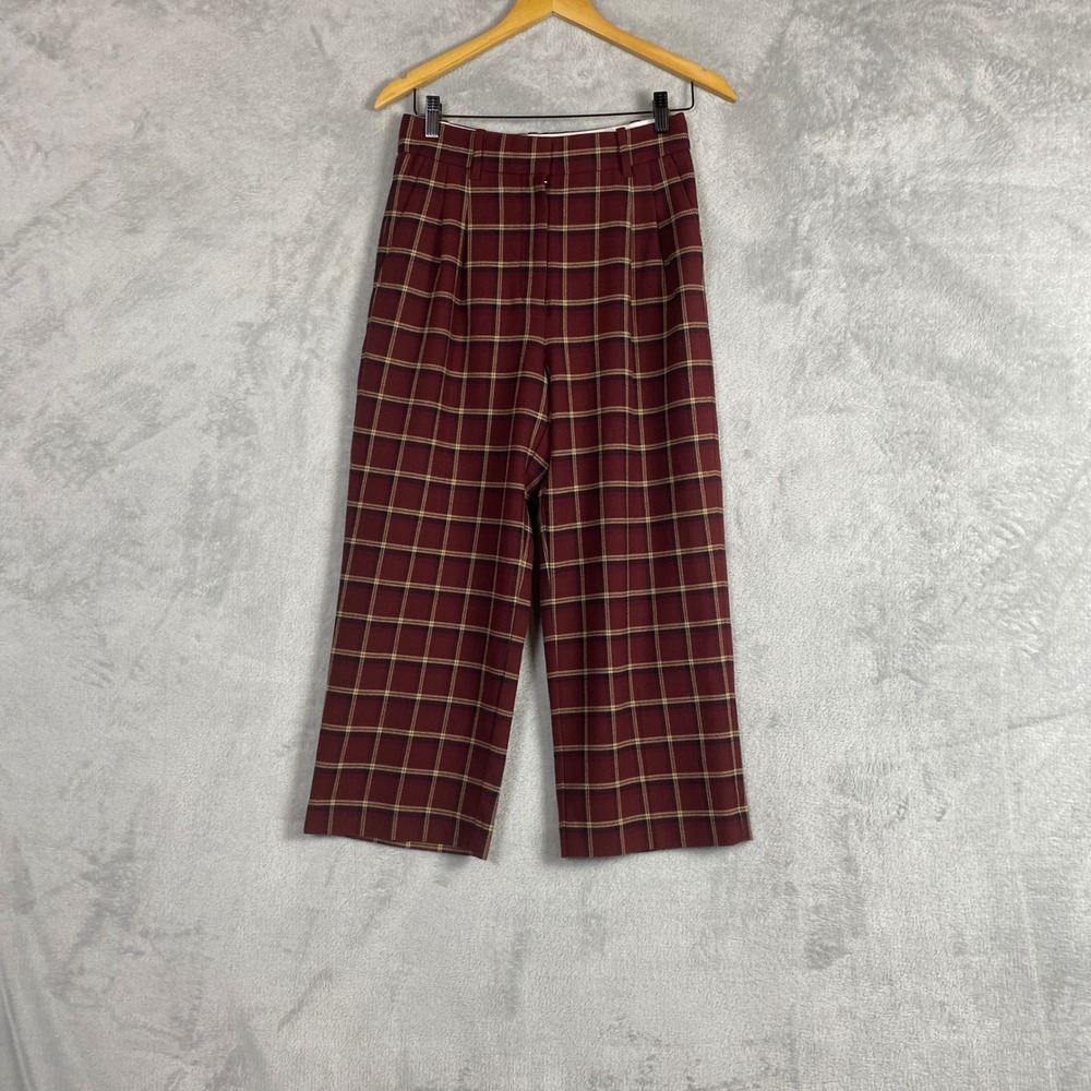 Wilfred Aritzia Burgundy Plaid Wide Leg Wool Blend Trousers Size 4 Gorpcore